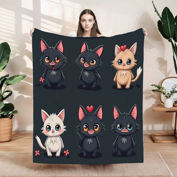 Cozy Flannel Blanket with Adorable Cartoon Cat Pattern - Soft Warm Perfect for Sofa Travel Bed and Chair