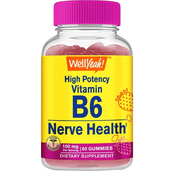 WellYeah High Potency Vitamin B6 Gummies - Promotes Nerve Health, Cognitive Function, Mood Regulation, Immune Support, and Cardiovascular Health - Vegan, Non-GMO, Gluten-Free - 60 Count