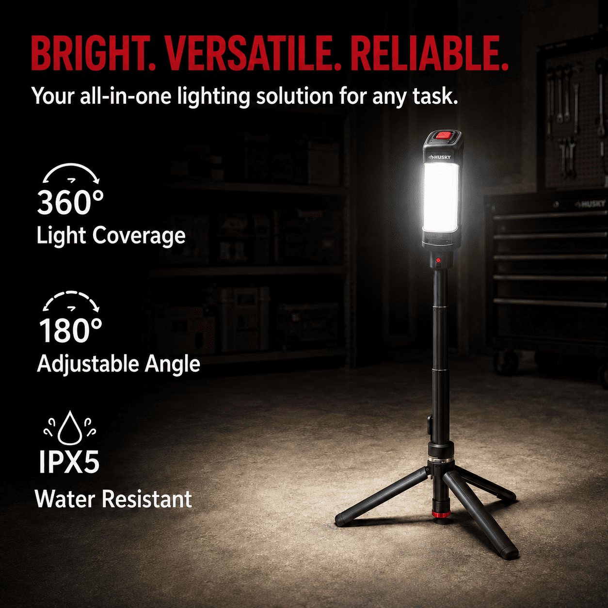 Husky 800-Lumen Rechargeable LED Detachable Tripod Work Light, Magnetic Base, 4 Light Modes, K40526