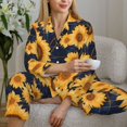 thumbnail image 6 of Pajama Sets for Women 2 Pcs, Navy Blue Plaid Sunflower Button Down Long Sleeve Sleepwear Lounge PJ Sets, 6 of 6