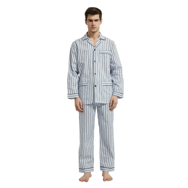 GLOBAL Men's Cotton Notch Collar Pajama Set with Pockets, 2