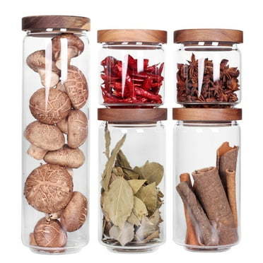 LEAVES AND TREES Y Glass 5-Cup Stackable Food Storage Canisters with Wood Lids, Set of 5