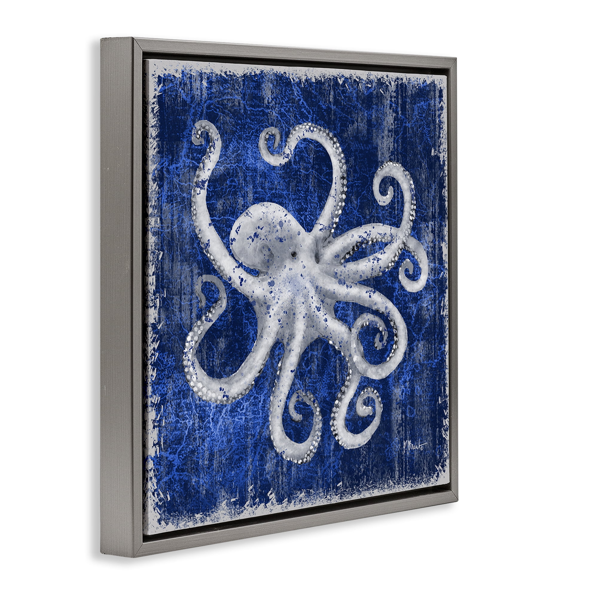 Stupell Industries Rustic Indigo Octopus Nautical & Beach Painting Gray Floater Framed Canvas Art Print Wall Art, 18 x 18