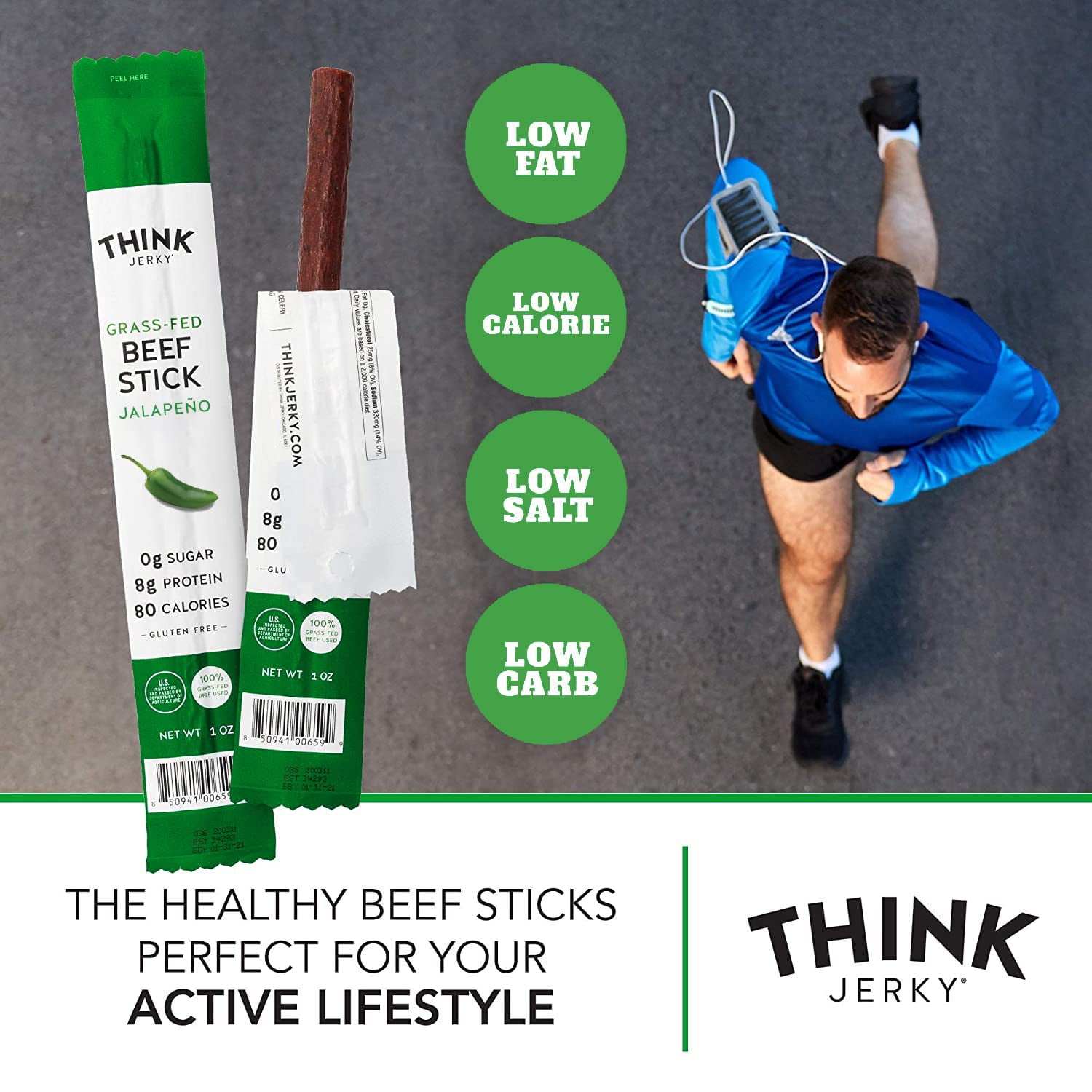 Think Jerky Jalapeno Beef Sticks, Gluten and Sugar Free, No Nitrates, Keto Paleo Friendly High Protein Low Carb Meat Snack - 0.5 oz Sticks, 20 Pack