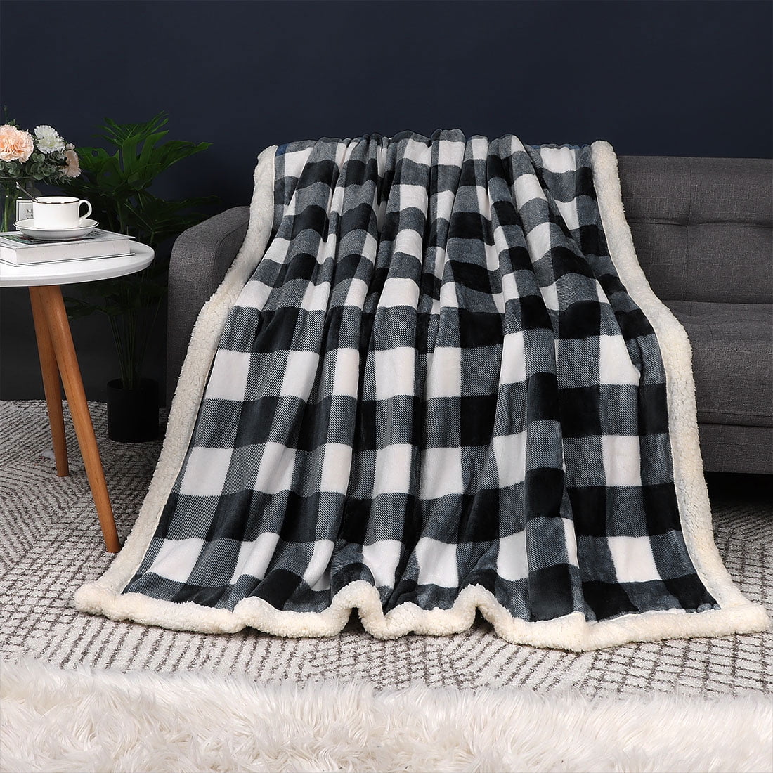 Sherpa Fleece Throw Blanket, Soft Warm Thick Microfiber Plaid Flannel
