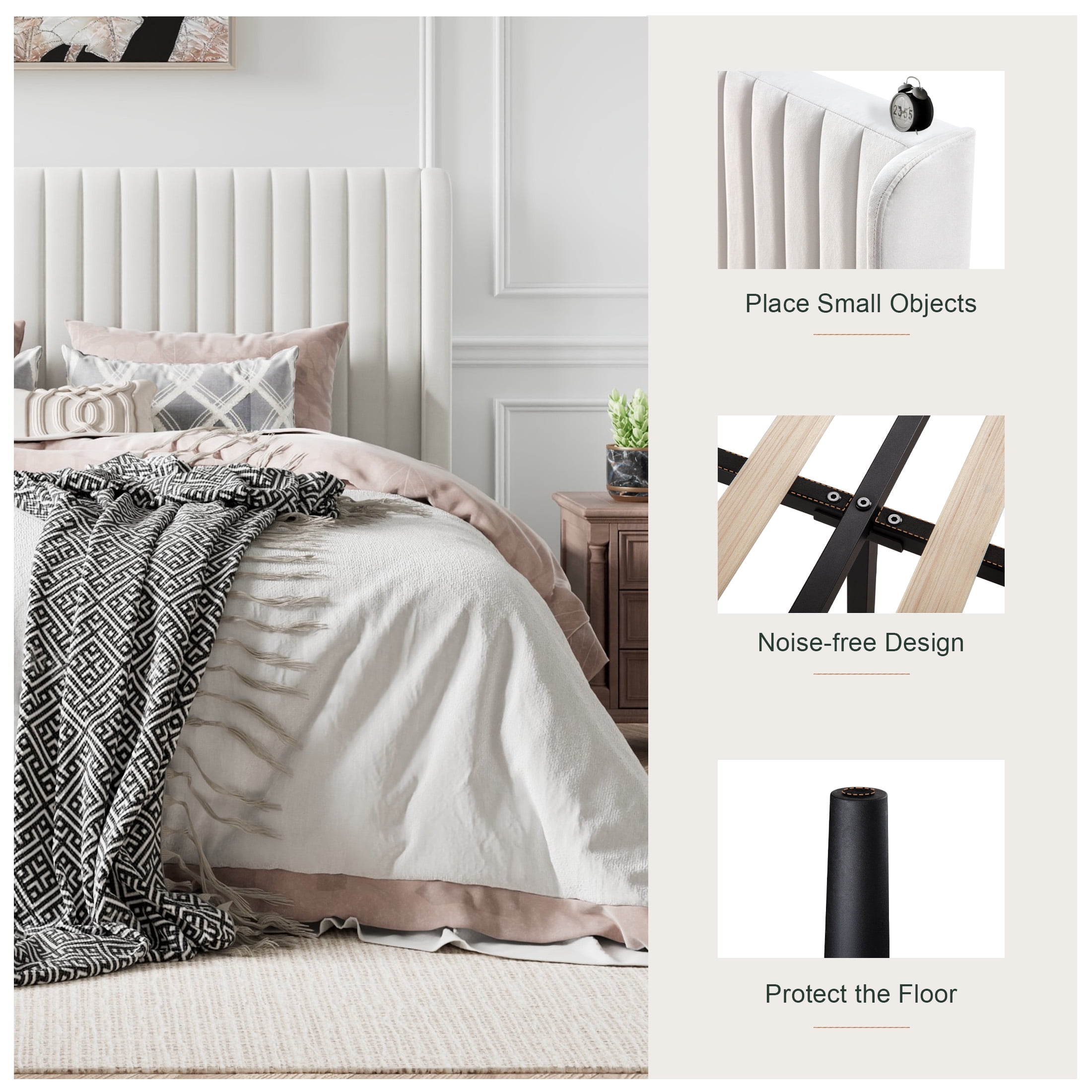 Amolife King Size Upholstered Bed Frame with Wingback Headboard, OffWhite Velvet Vertical Stripe  (图4)