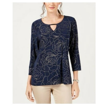 NEW JM Collection Embellishment Floral Print Keyhole 3/4-Sleeve Top Size XS