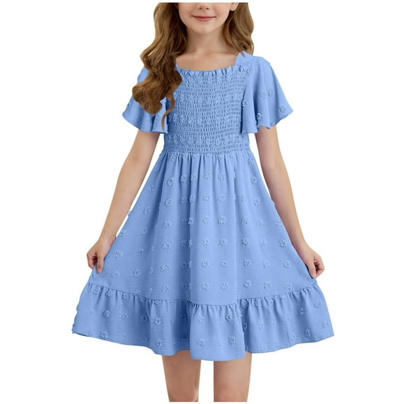 ZACPNCV Girl's Summer Dresses Smocked Flutter Sleeve A Line Sundresses Swing Mini Casual Party Dresses Blue 13-14 Years