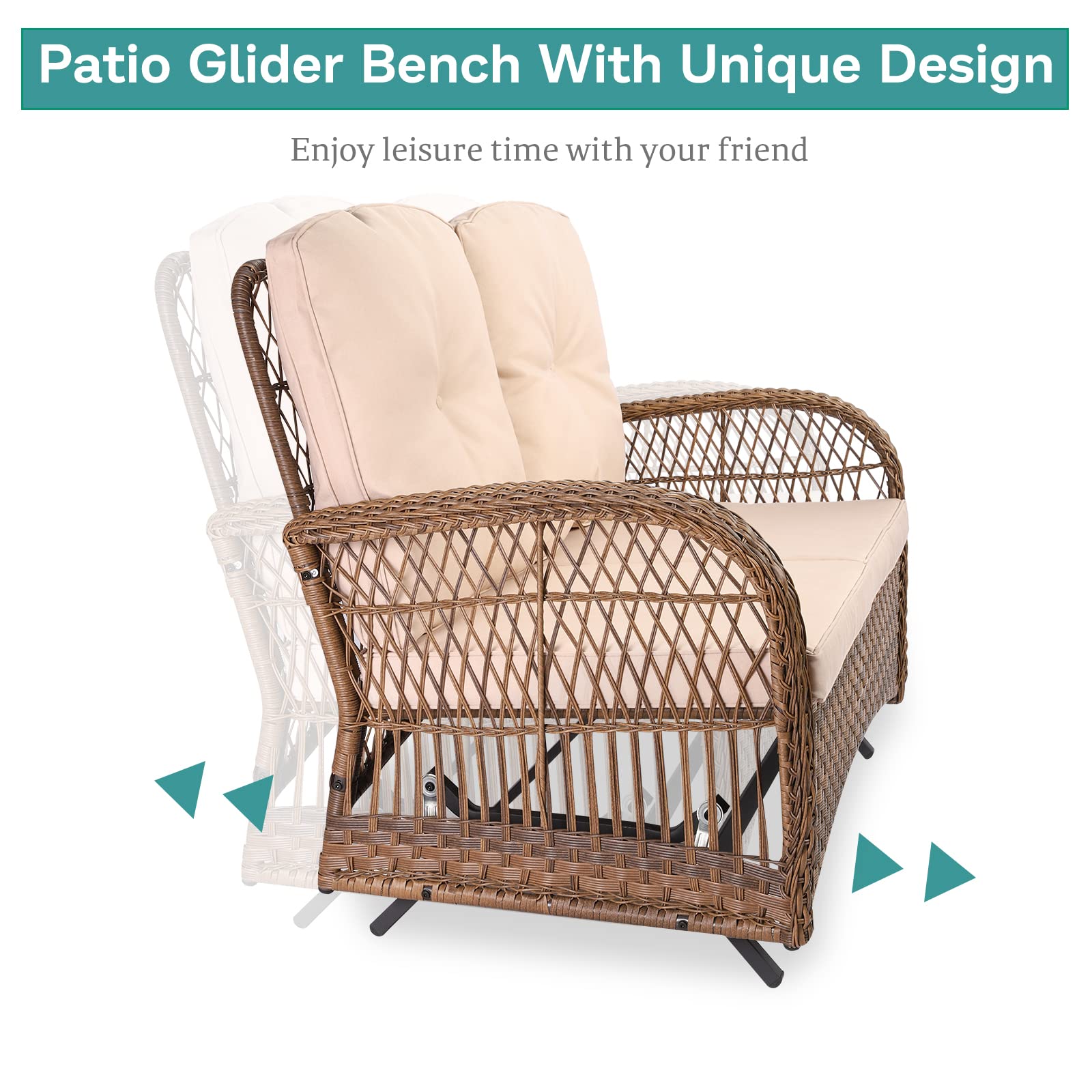 MEETWARM 7 Pieces Outdoor Patio Rattan Furniture Sets, All Weather Patio Wicker Conversation Set- 2 Rocking Chairs, 2 Swivel Chairs, 1 Loveseat Glider with Cushions, 2 Glass-Top Coffee Table, Beige