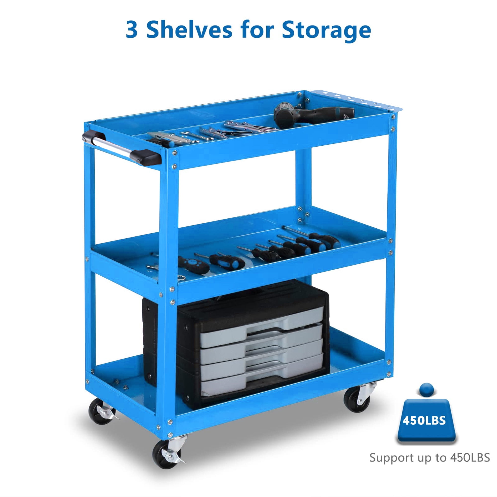Aukfa 3-Tier Utility Cart with Wheels, Rolling Tool Cart Service Cart for Warehouse, Garage, Blue