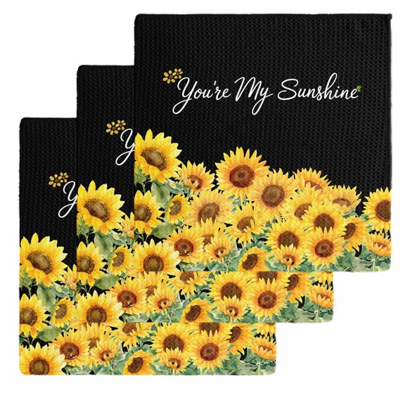 Sunflowers Kitchen Dish Towels for Drying Dishes Set of 3, Yellow Summer Botanical Elegant Pastoral Waffle Weave Microfiber Hand Tea Bathroom Towels Quick Dry & Absorbent Towel 12x12