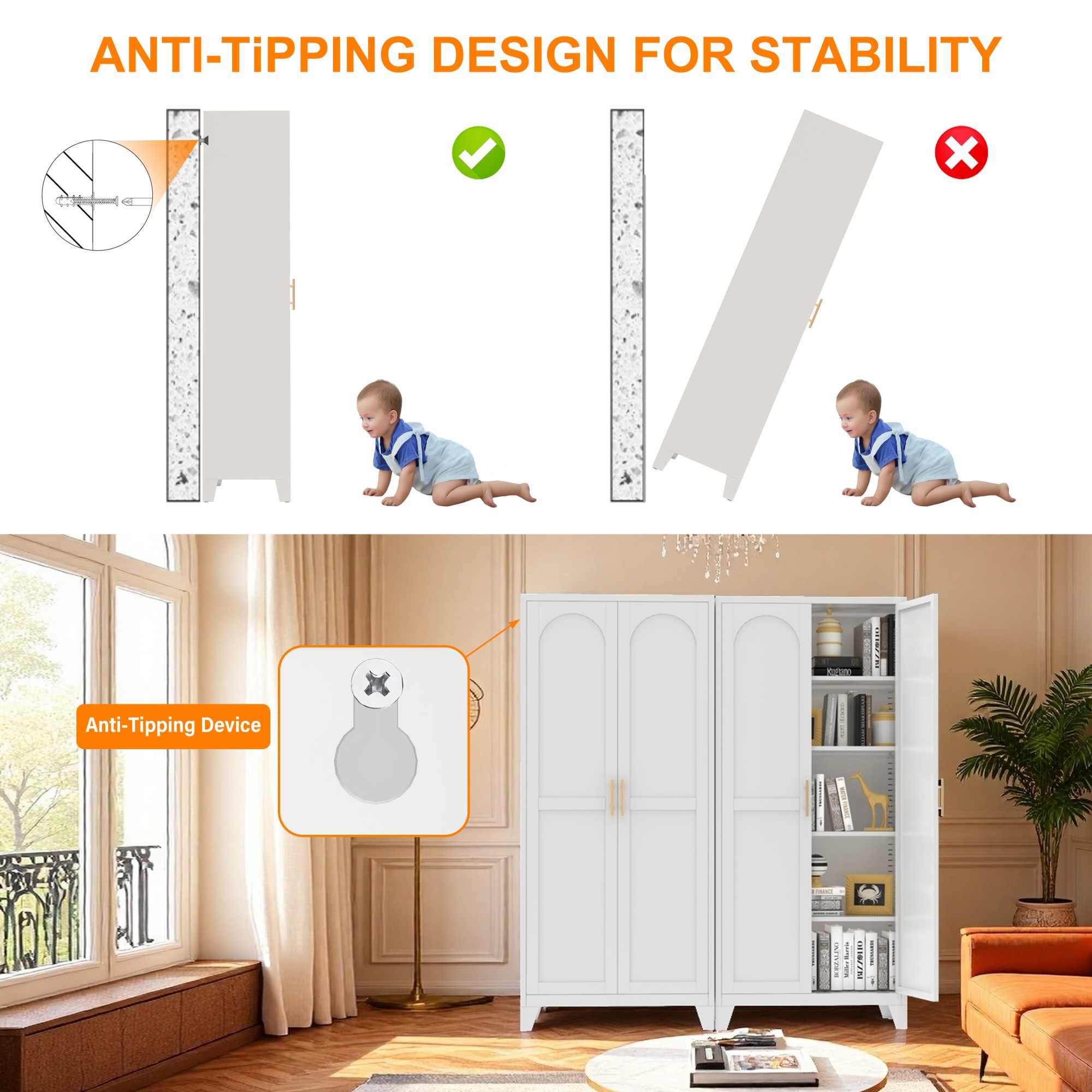 HOQBN 71 Inch Metal Storage Cabinet with 2 Doors,Tall Steel Cabinet with Adjustable Shelves,Freestanding Floor Storage Cabinet for Bedroom,Living Room,Kitchen,Office,Pantry,White