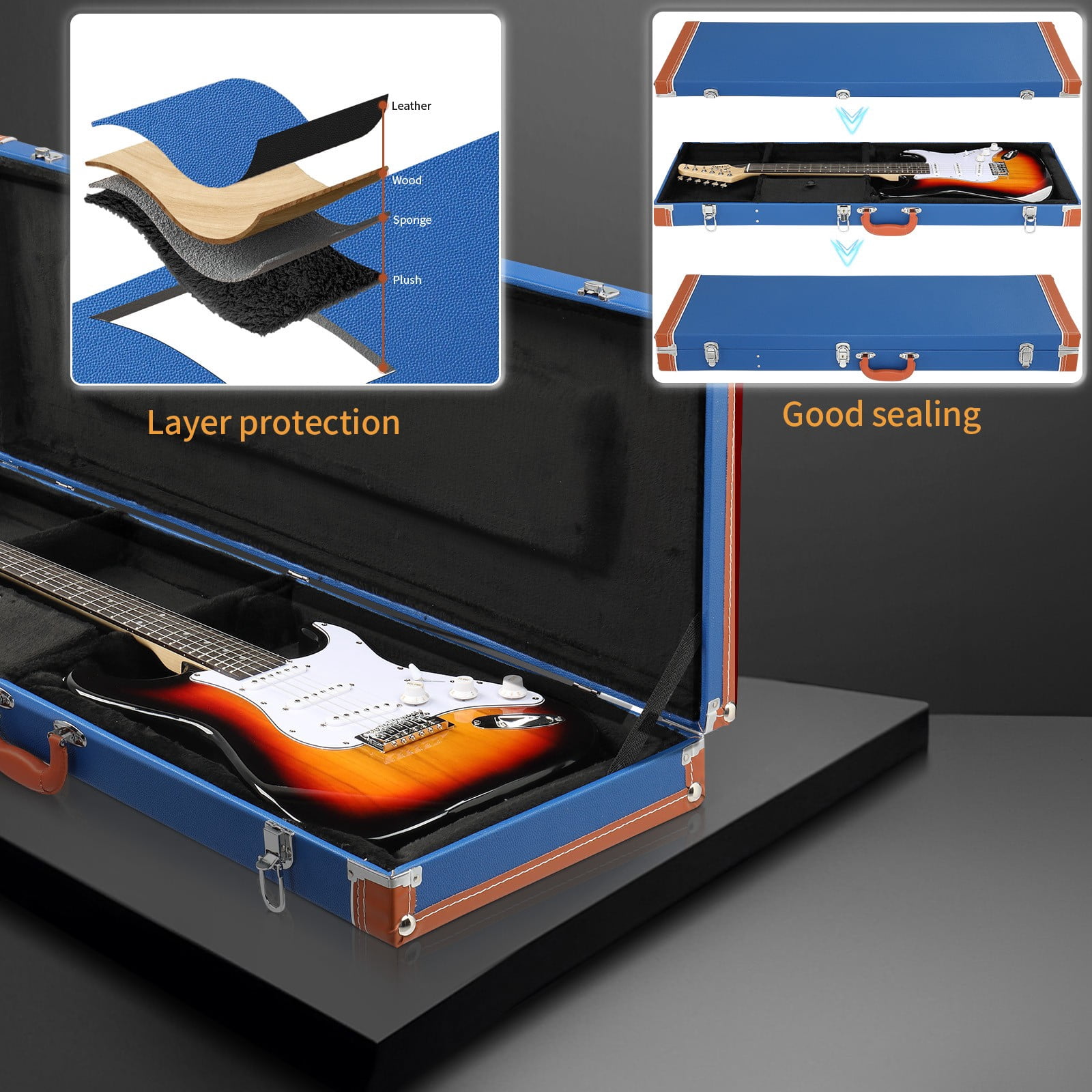 41 Inch Bass Guitar Hard Case, Wooden Hard-Shell Protective Electric Bass Guitar Carrying Case with Lock Latch & Soft Padding