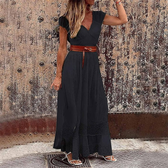 Homenesgenics Dresses for Women Womens Dresses Summer Women's Fashion Bohemian V-Neck Loose Short Sleeve Solid Ankle-Length Dress Belt Black XXXL