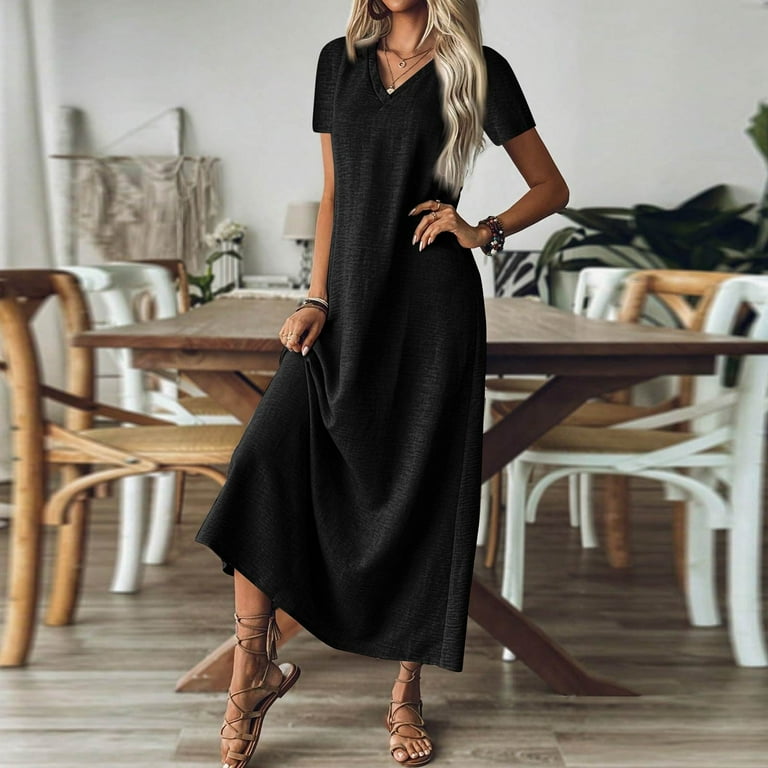 Evdexr Maxi T-Shirt Dress for Womens Cotton Linen Dress Flowy V