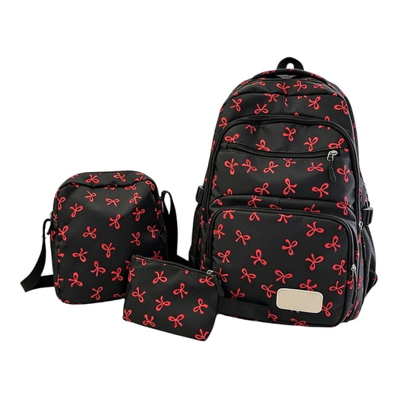 WONDBA 3pcs Large Capacity Backpack Student School Backpack Teen Lovely Bows Backpack,Red