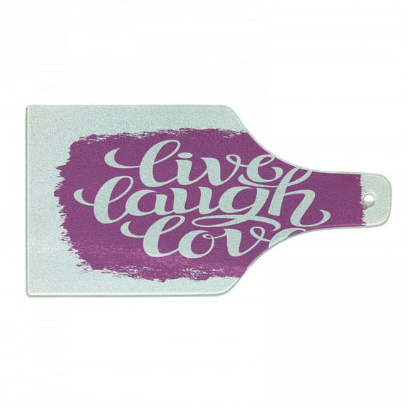 Live Laugh Love Cutting Board, Lifestyle Typography on Paintbrushes Urban Illustration, Decorative Tempered Glass Cutting and Serving Board, Wine Bottle Shape, Fuchsia White, by Ambesonne