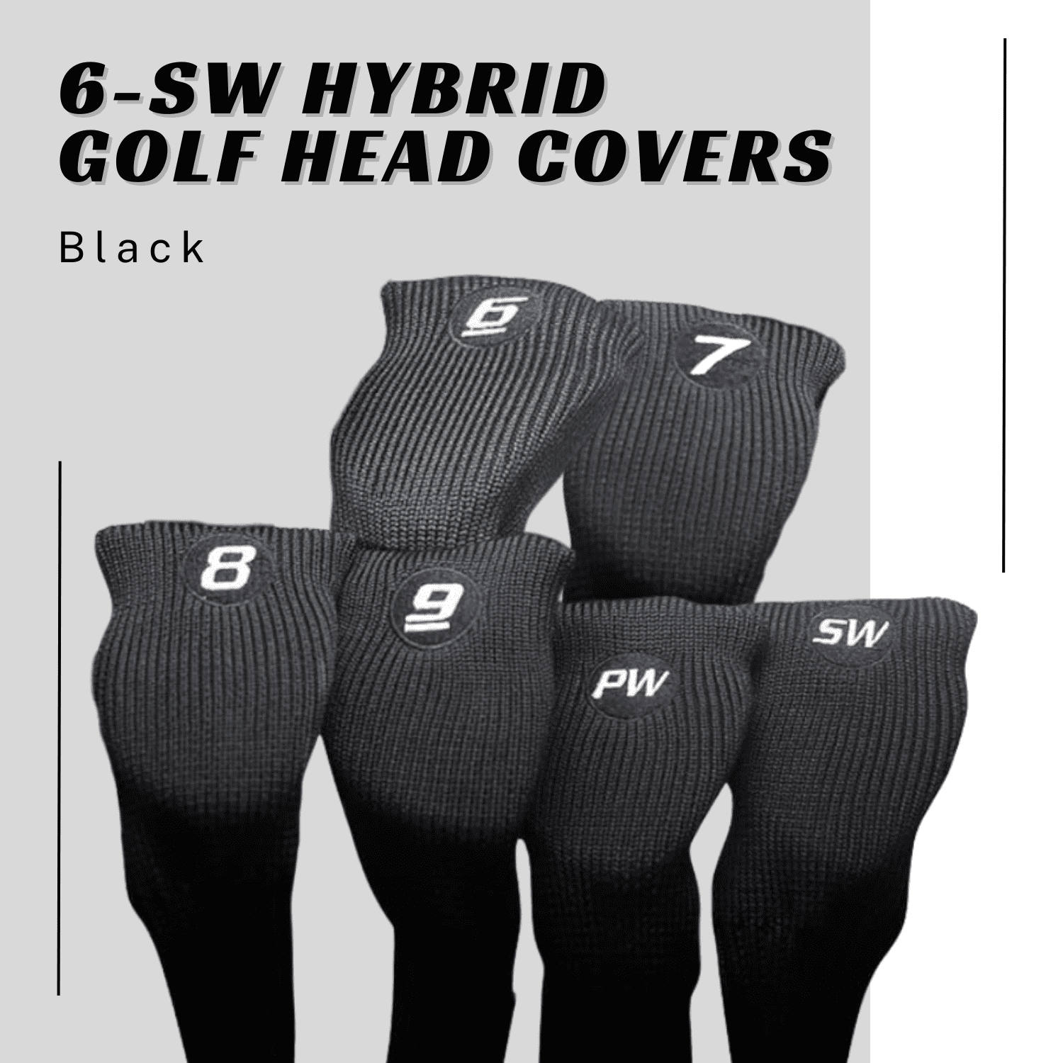 Majek All Hybrid Head Cover Golf Club Black Sleek Tight Fit Headcover Set 6-SW Acrylic Head Covers 6 7 8 9 PW SW Easy to See Large White Embroidered Numbers