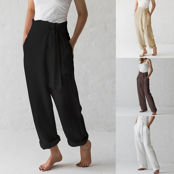 DDAPJ pyju Cotton Linen Pants for Women Vintage Wrap Tie Waist Wide Leg Pants Elegant Casual Palazzo Pants Solid Color Comfy Baggy Lounge Pants with Pockets Black L