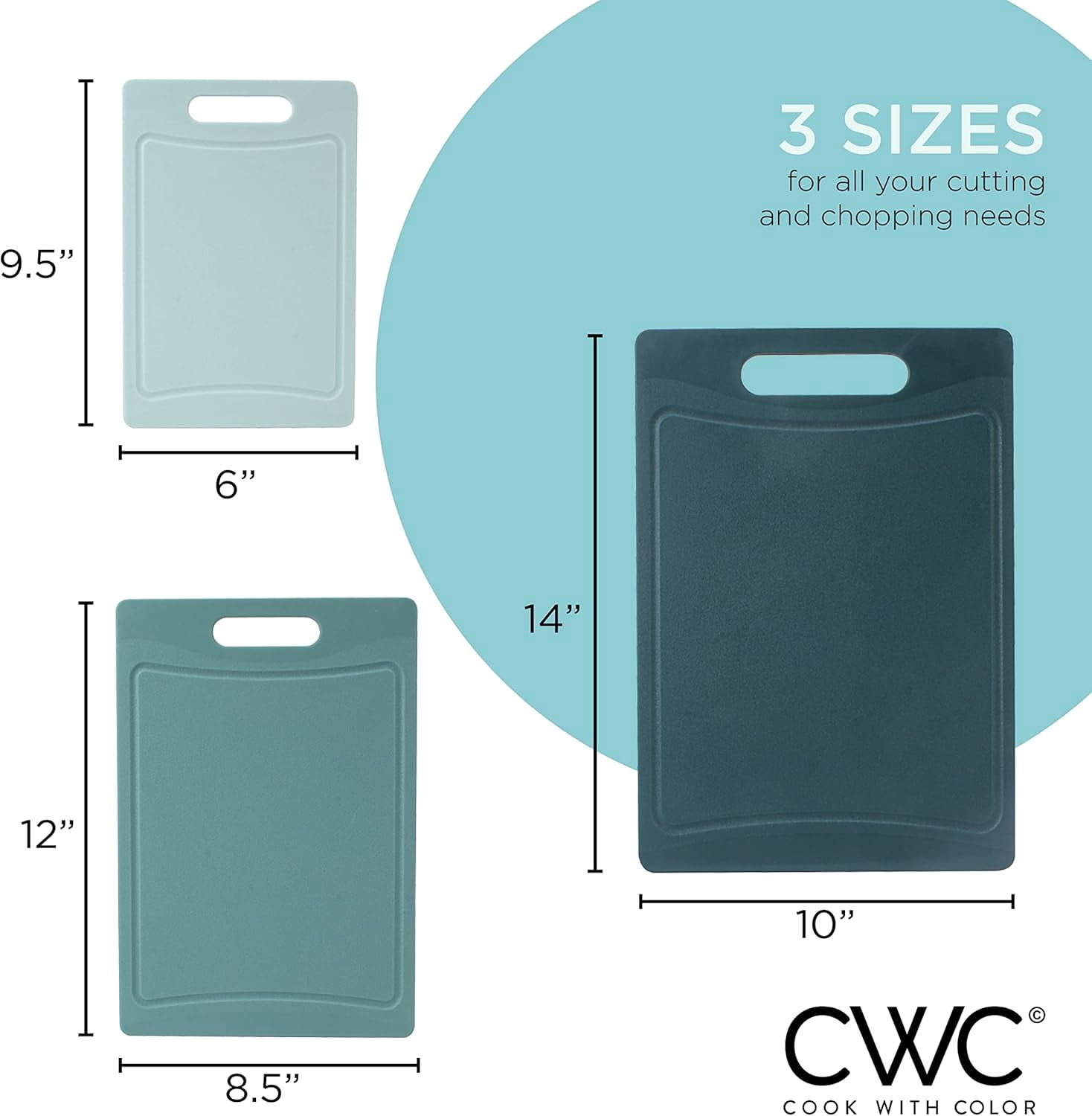 COOK WITH COLOR 3-Piece Cutting Board Set, Non-slip Chopping Board Kitchen Utensils Set Home Essentials, Teal
