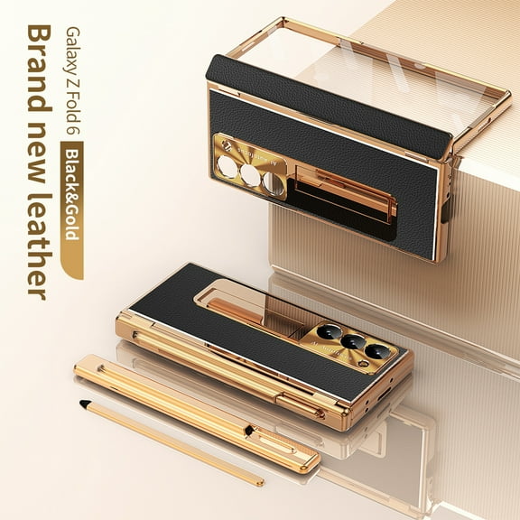 Dteck for Samsung Galaxy Z Fold 6 Case with S Pen Holder & Stylus, Luxury Leather Case Replacement Hinge Protection Cover Built in Screen Protector Protective Shell for Galaxy Z Fold 6 ,Black Gold