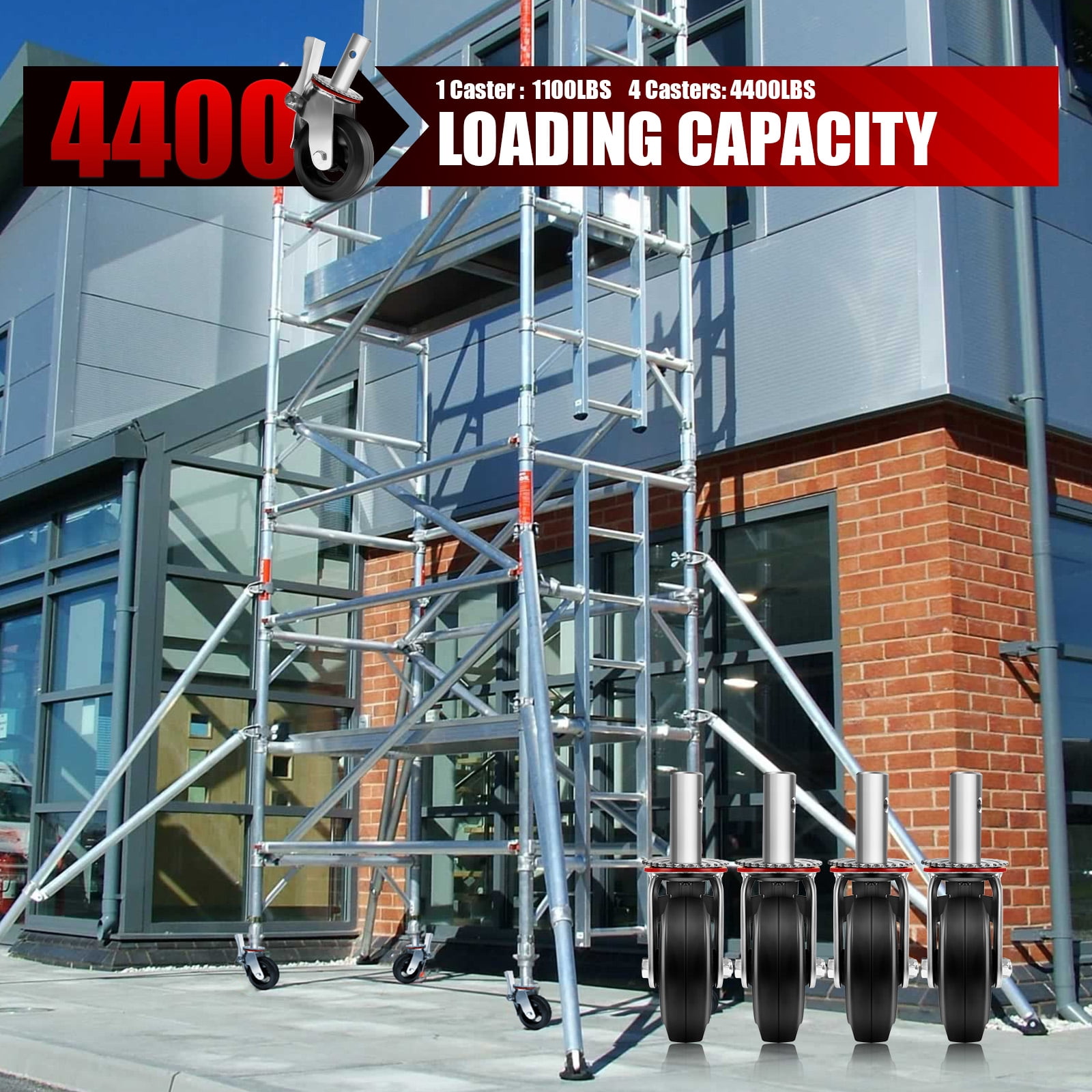6 Inch Scaffolding Wheels Set of 4, Heavy Duty Locking Scaffold Casters, 4400LBS Capacity, Dual Locking Brakes, 360 Degree Rotation, Black