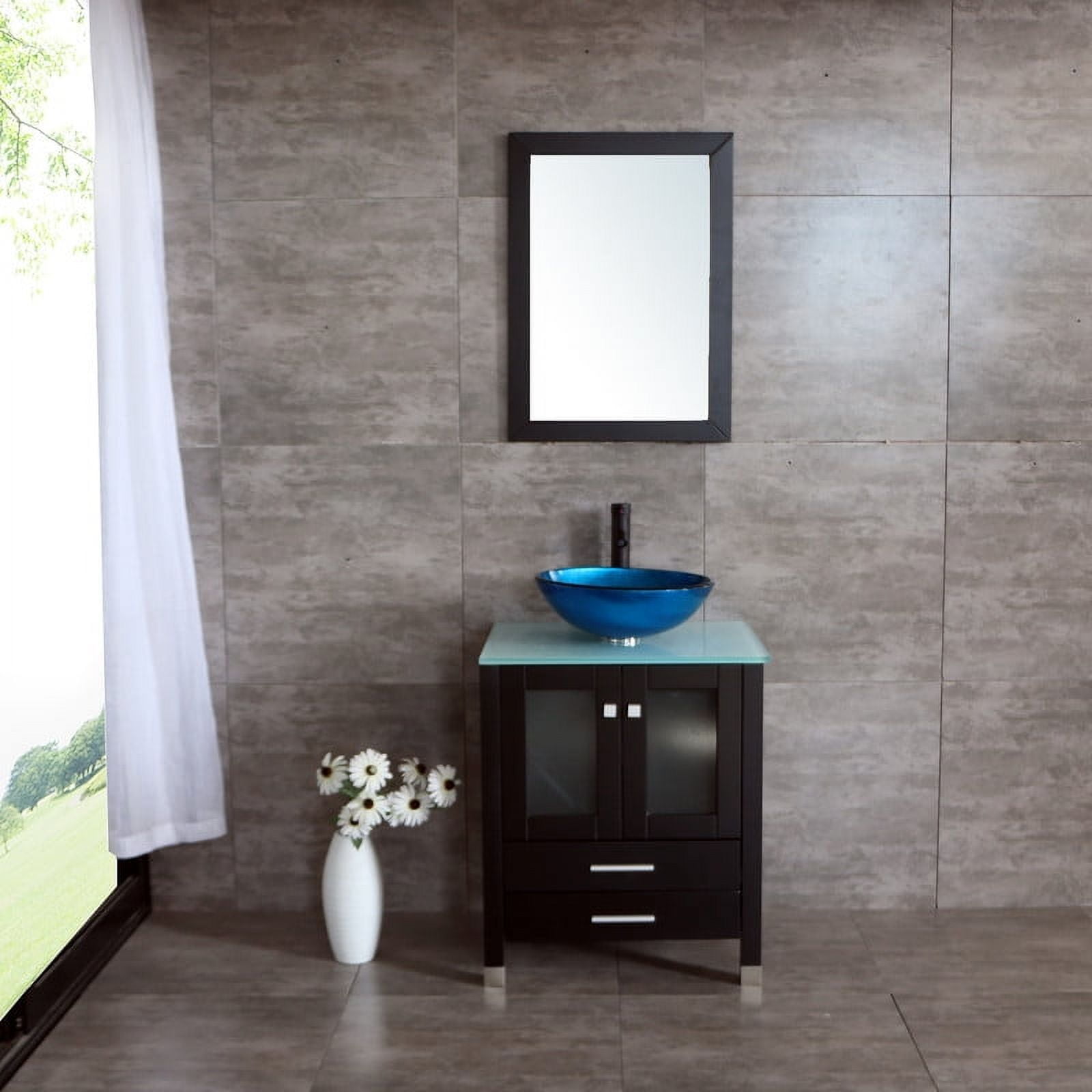 Walsport 24" Luxurious Wood Bathroom Vanity Cabinet Blue Round Vessel Sink Vanity Cabinet Tempered Glass Top w/ Mirror,Black