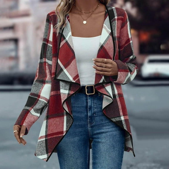 Neewe Women's Open Front Long Cardigan Lightweight Plaid Shirt Kimono Cardigan Knit Sweater