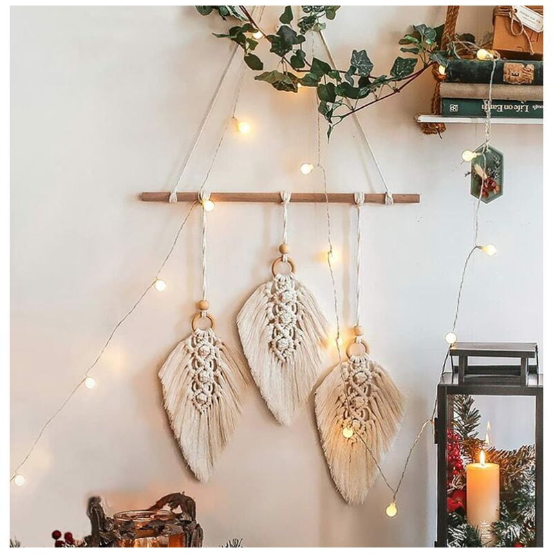 Déco Murale Macramé Feuilles - Suspension Boho Fait Main En Coton - Idéal Salon, Chambre, Mariage (rouge)