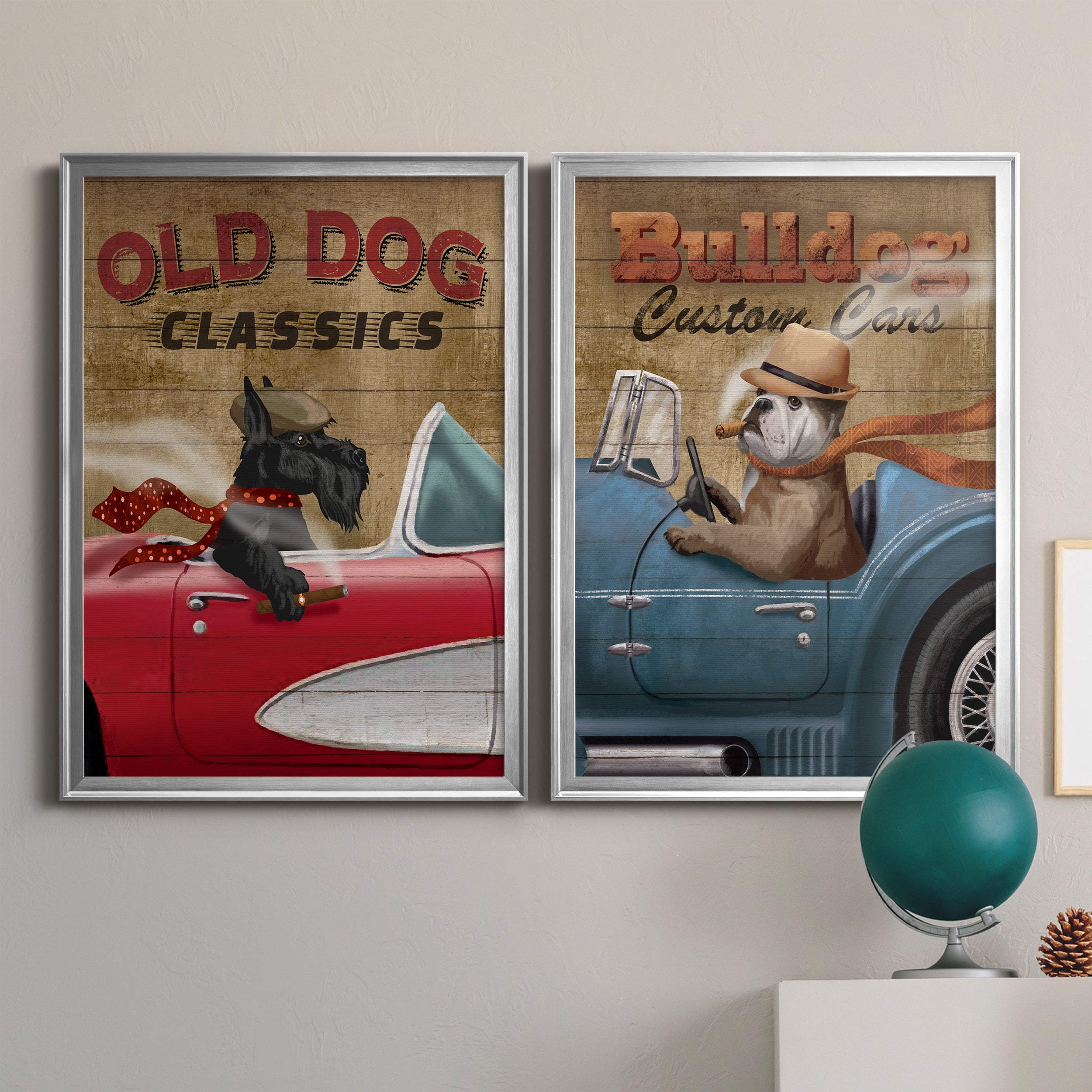 2 Piece Set Old Dog Classics Premium Framed Canvas - Ready to Hang - 26.5 x 36.5 Each - Silver Frame