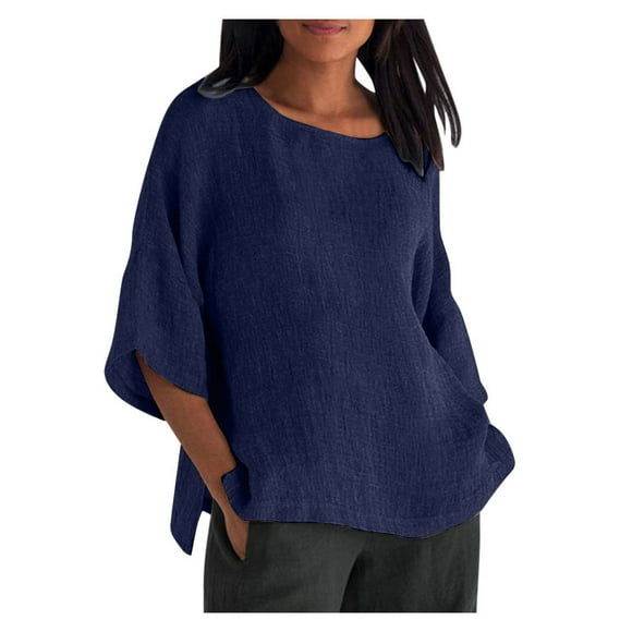 Pisexur Women's Summer Cotton Linen Shirts Ladies 3/4 Sleeve Crew Neck Casual Oversized T-Shirt Summer Trendy Side Split Plus Size Tops Pullover Blouse