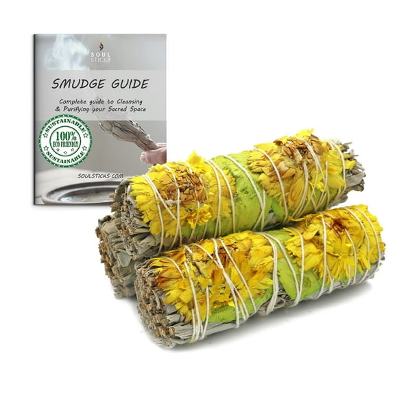 Floral White Sage Smudge Sticks with Flowers 3 Pack for Cleansing Home, Meditation, Yoga, Healing and Smudging Sustainably Sourced California White Sage Bundles Golden Times