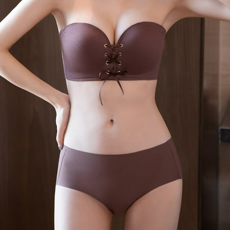 

WHLBF Plus Size Bras for Women Front Lacing Non-slip Strip Strapless Underwear Gathering Wipe Chest Type Anti-slip Traceless Bra Suit Coffee XL(XL)