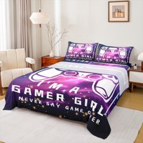 jejeloiu Gamer Gaming Girl Queen Sheet Sets,Modern Video Game Flat Sheet,Cartoon Gamepad Queen Fitted Sheet For Girls Boy,Lightweight Room Decorative,4 Pieces