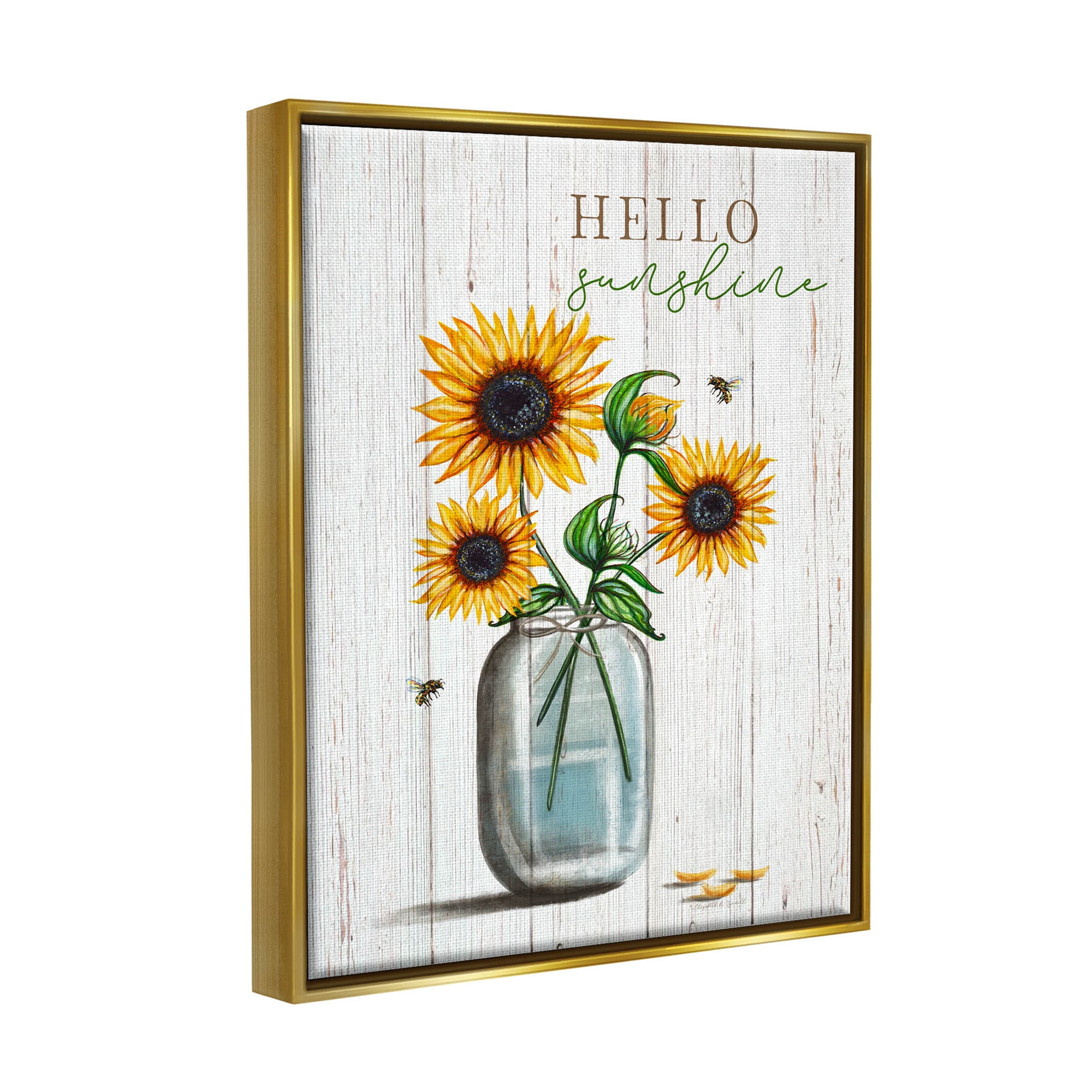 Stupell Industries Hello Sunshine Rustic Sunflower Jar Graphic Art Metallic Gold Floating Framed Canvas Print Wall Art, Design by Elizabeth Tyndall