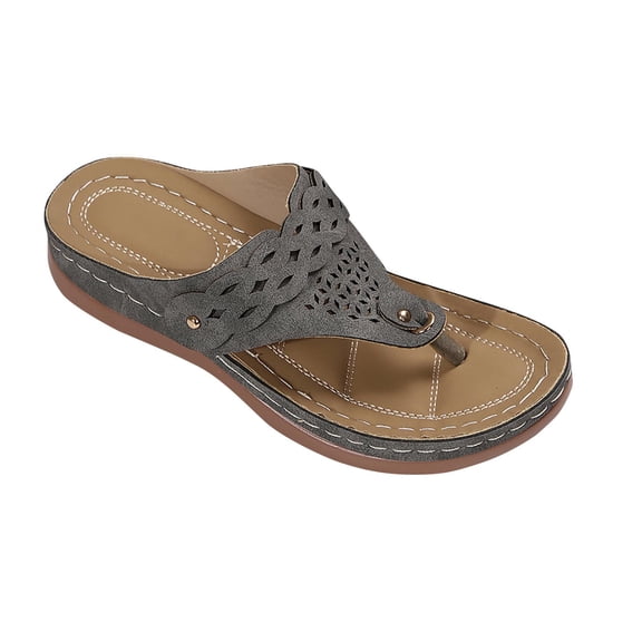hlysgo Women's Suede Hollow Out Flip Flop Wedge Sandals, Scalloped Edge Open Toe Adjustable Thong Slides for Outdoor Gray,38