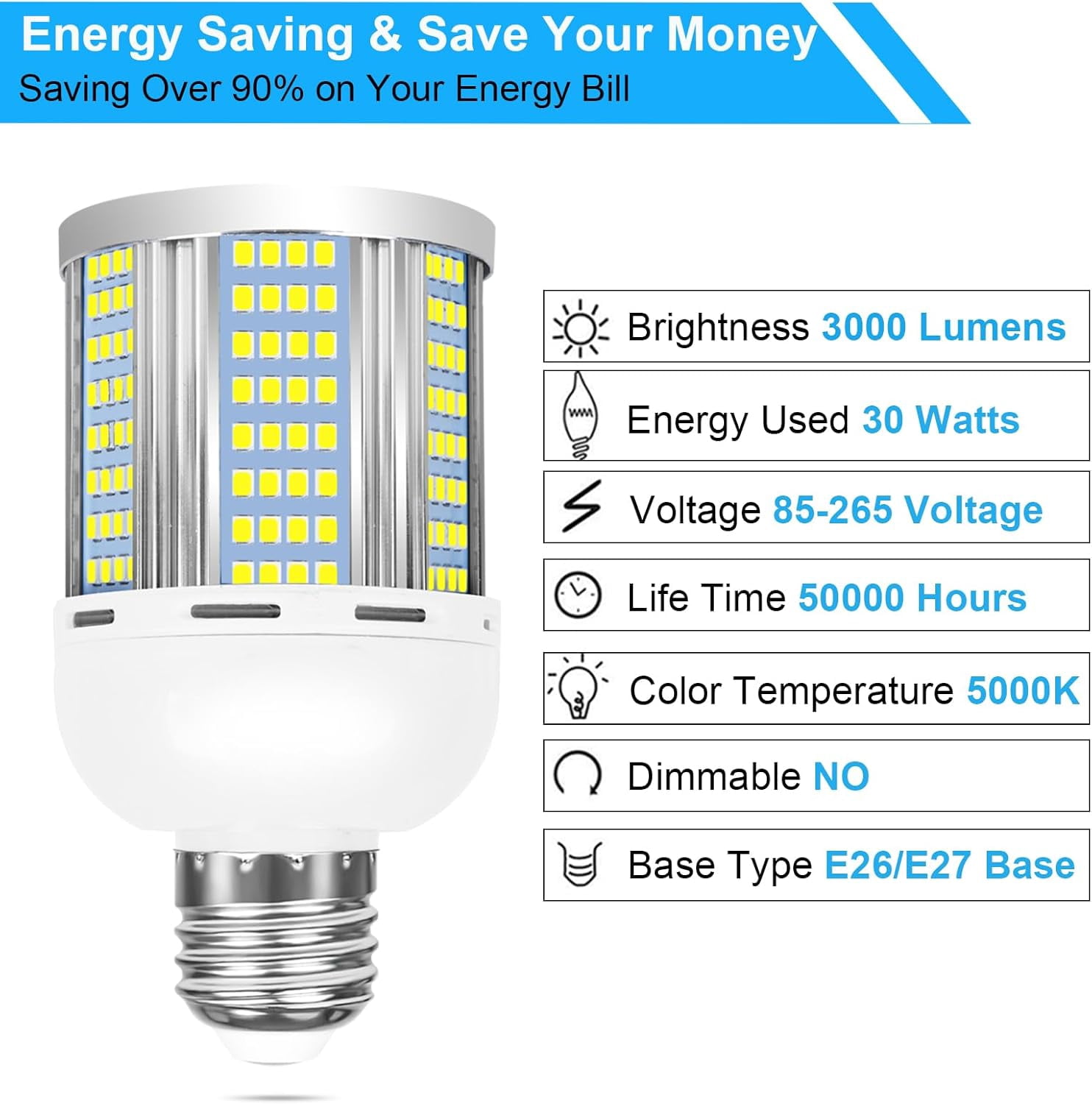 2 Pack 200W Equivalent Led Corn Light Bulb, 3000 Lumen 5000K Daylight White 30W LED Corn Lamp, E26/E27 Base LED Light Bulb for Home Garden Garage Backyard Street Office Household