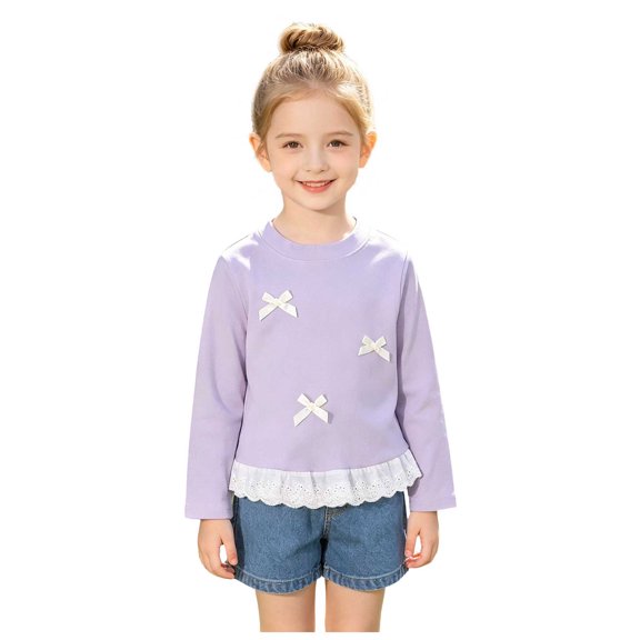 Emitonse Toddler Girls Long Sleeve T Shirt Girls' Cute Casual Bow Knotted Lace Edge Cardigan Top For Babies Long Sleeved Purple,Size 5-6 Years