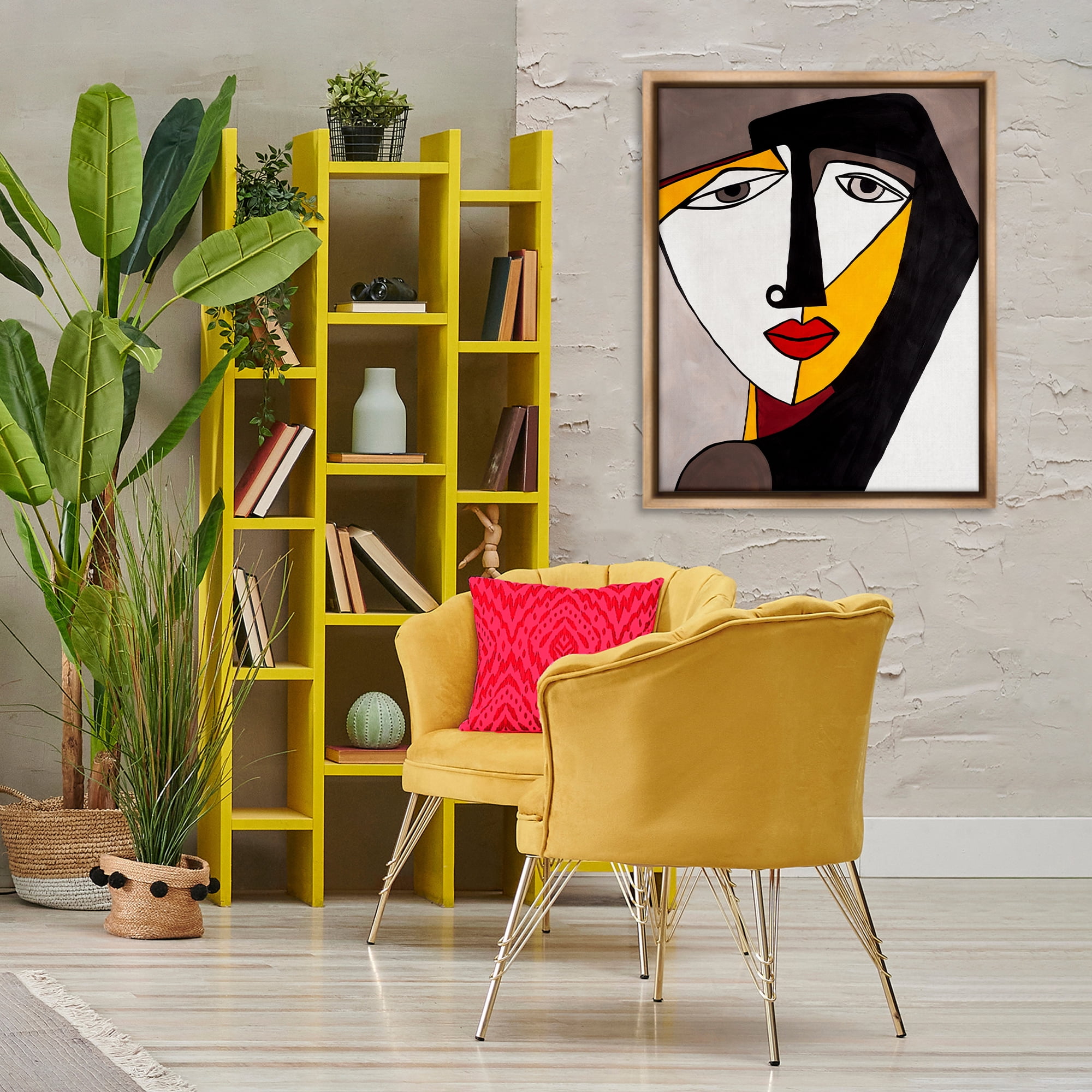 Stupell Industries Cubism Female Face People Painting Brown Floater Framed Canvas Art Print Wall Art, 25 x 31
