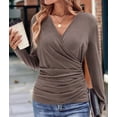 thumbnail image 6 of V Neck Ruched Tops for Women, Casual Women'S Long Sleeve Wrap Shirts Fashion Slim Fitted Pullover Blouses Camel Color L, 6 of 9