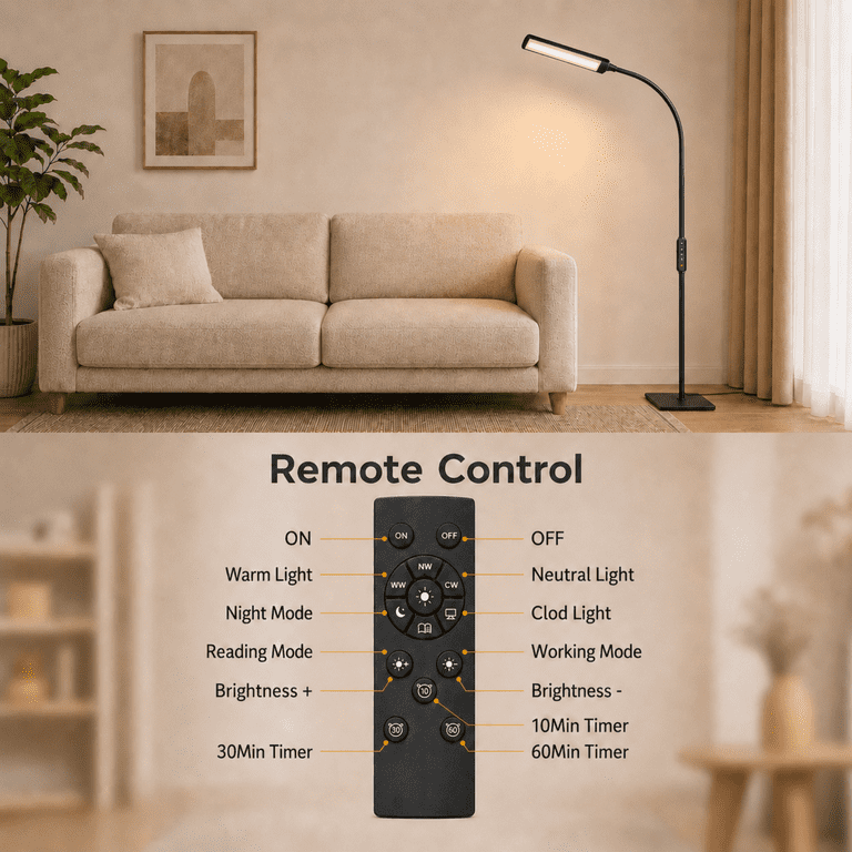 Mehoom LED Floor Lamp, 1200 Lumens, Adjustable Gooseneck, Black/White photo 7