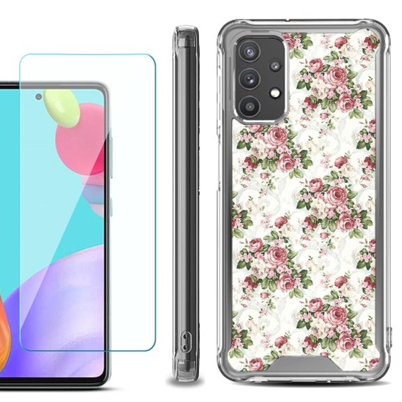 Shockproof Bumper Phone Case for Samsung Galaxy A52 5G, with Tempered Glass Screen Protector, by OneToughShield ® - Floral/Rose