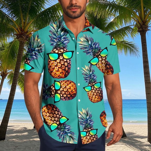 Blusa y camisa de manga corta con cuello vuelto para hombre, blusa informal de moda con botones estampados, blusa de manga corta con cuello vuelto, blusa de poliéster para hombre