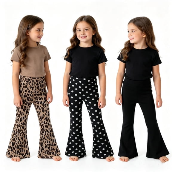 3Pcs Girls Checked Flare Pants Leopard Dot Print Casual Bell Bottom Trousers Elastic Waist Lightweight Summer Bottoms 1-12 Years