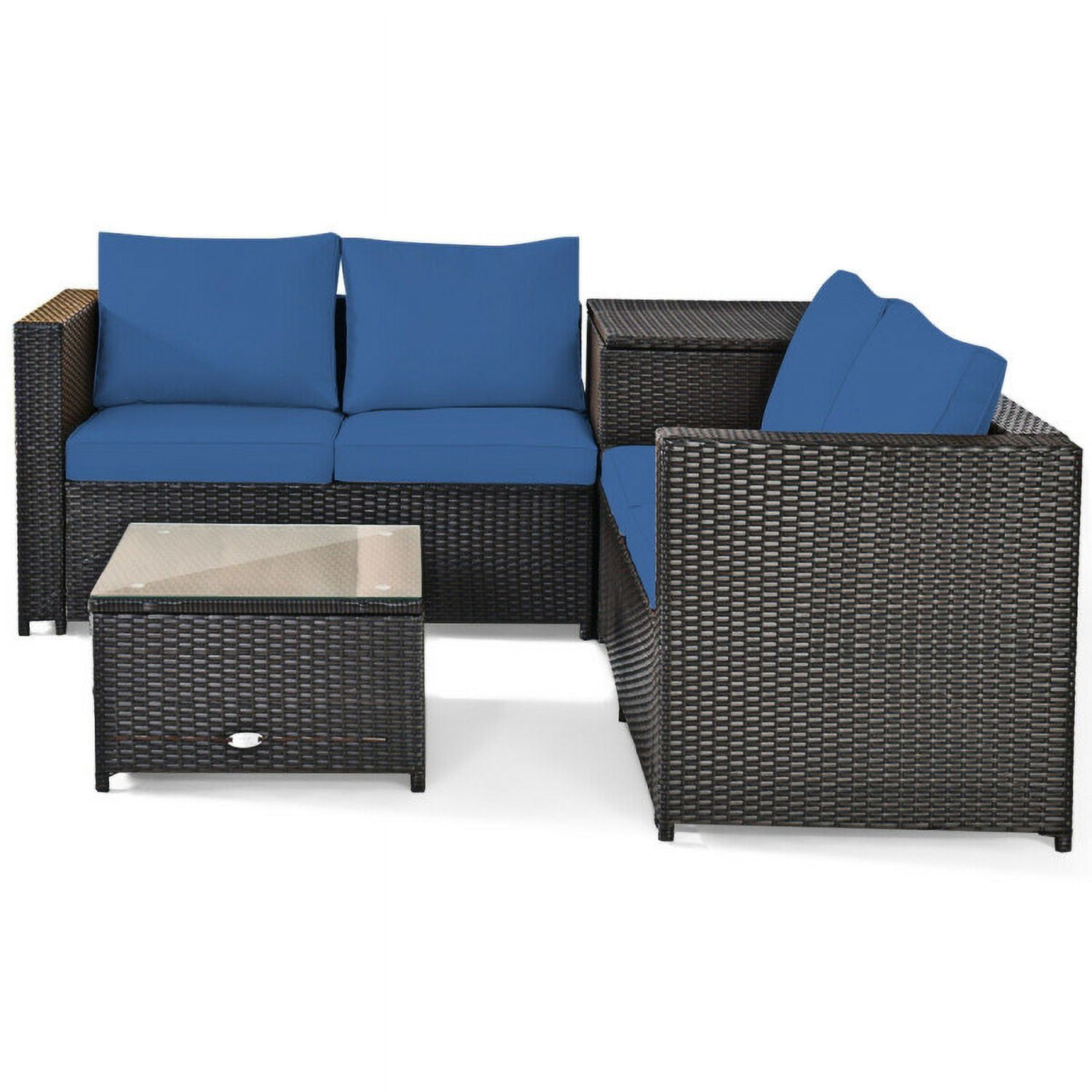 Aimee Lii 4 Pieces Outdoor Patio Rattan Furniture Set with Cushioned Loveseat and Storage Box, Outdoor Deck Furniture, Navy