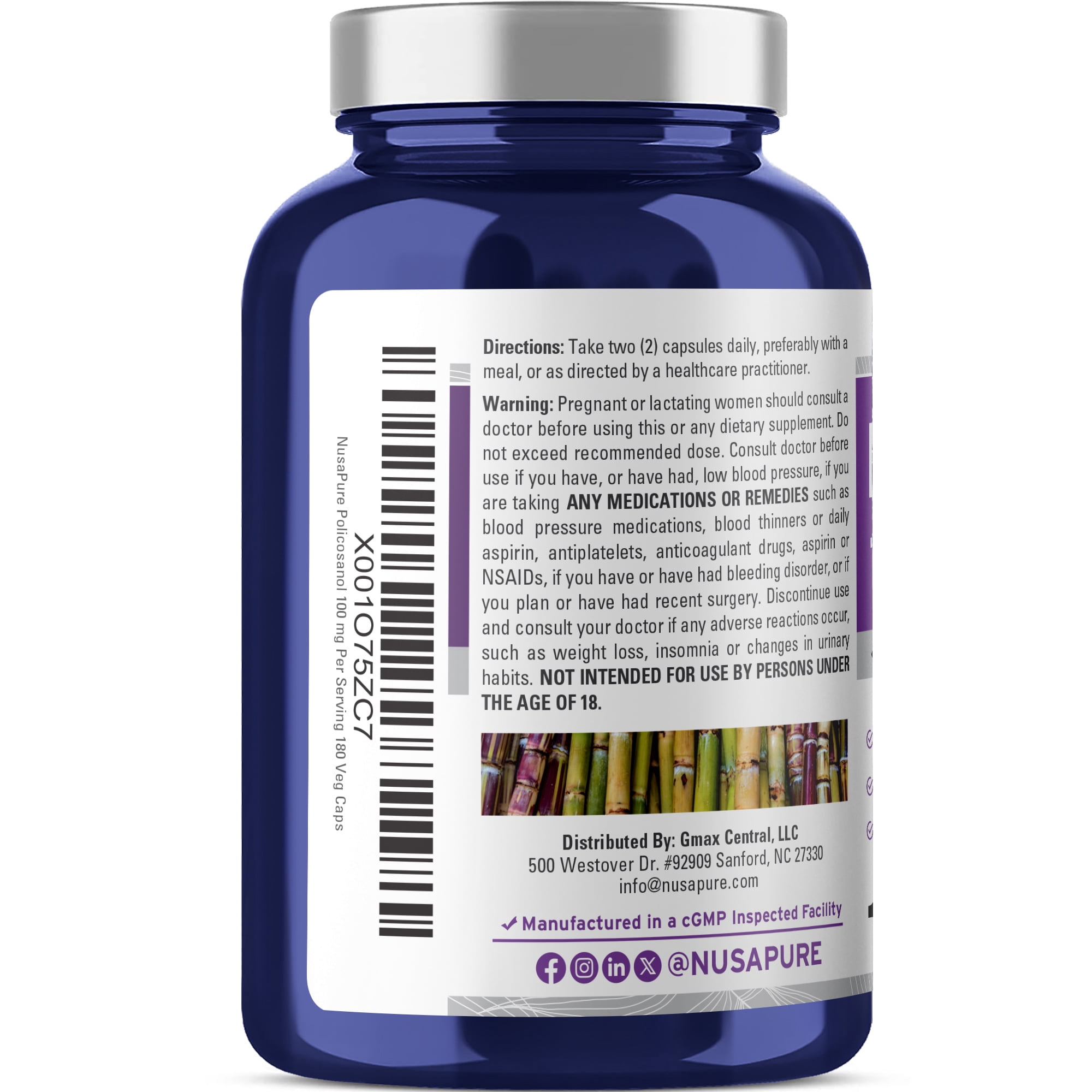NusaPure Policosanol 100mg Elevate Well-being with 180 Vegan Capsules,  Non-GMO & Gluten-Free, Dietary Supplement for Adult Health & Wellness