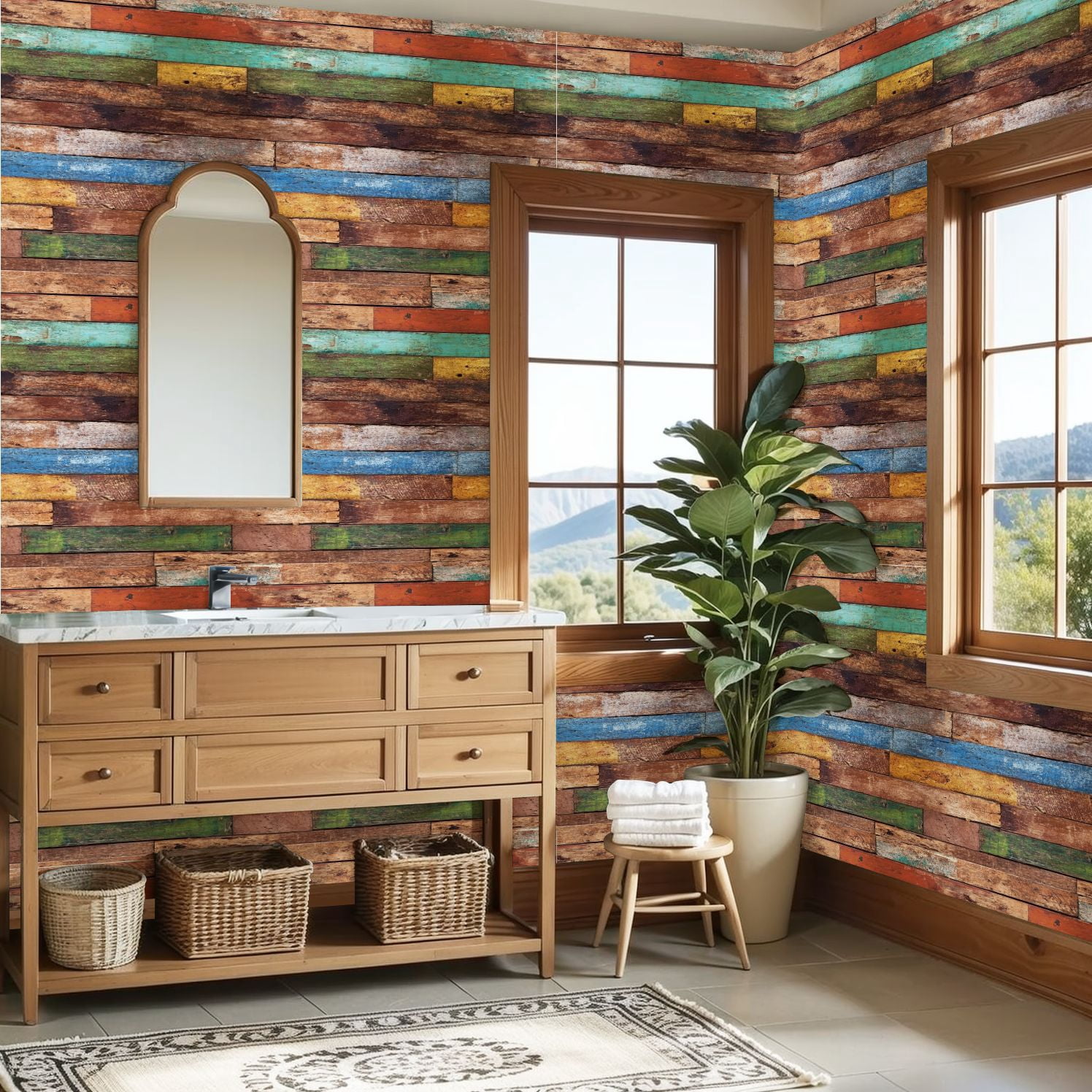 Peel and Stick Wallpaper Rustic Multicolor Wooden Plank Wall Distressed Paint Wall Mural 23.6in x 9.8ft Self Adhesive Removable Wall Paper Renter Friendly Wallpaper for Nursery Bedroom Cabinets