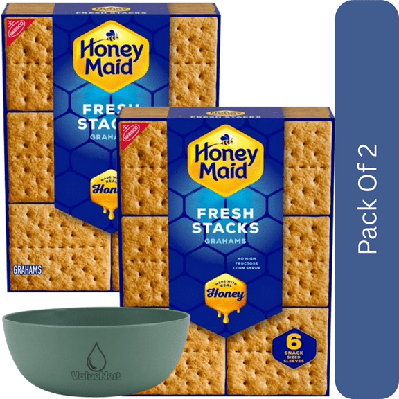 HONEY MAID Fresh Stacks Graham Crackers, Travel Snacks, 12.2 oz (6 Multi Snack Packs)2pk, With Olive Green Bowl By ValueNest