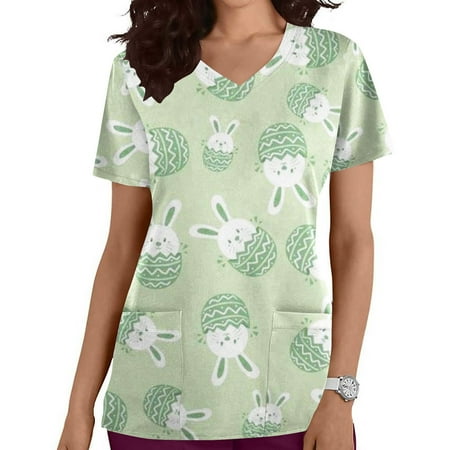 

UHUYA Scrubs For Women Women Fashion Short Sleeve V-Neck Tops Working Uniform Easter Printing With Pocket Blouse Tops Green M