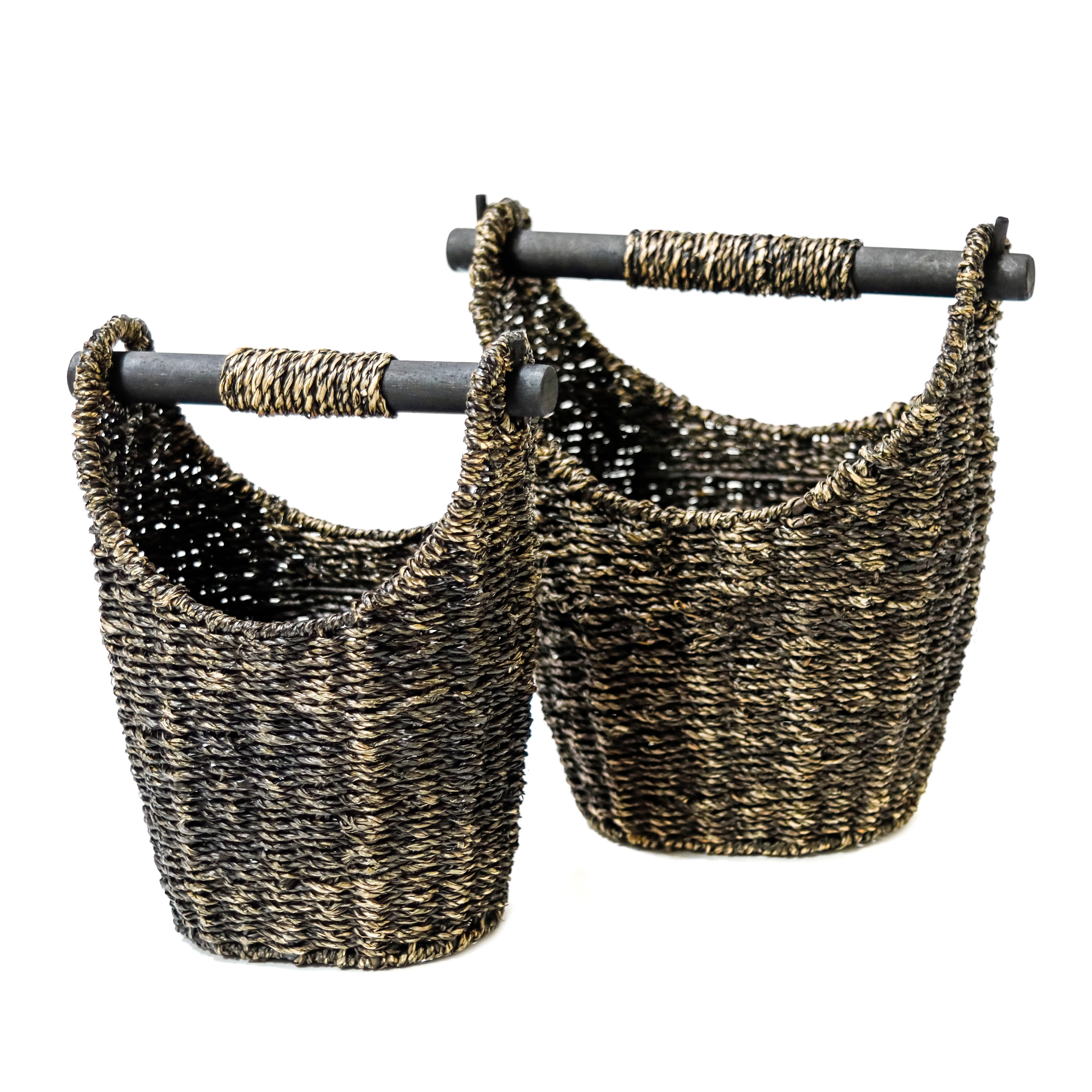 12.2 in & 9.4 in Tall Seagrass Carry Baskets with Wooden Handle (Set of 2, Brown)